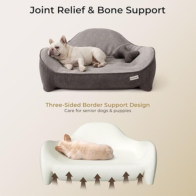 Orthopedic Dog Bed for Medium Small Dogs up to 120lbs, Extra Thick One-Piece Memory Foam Dog Bed, Never Sag Pet Sofa Couch with 3 Removable Washable Covers (Plush, Cooling, Leather) & Toy