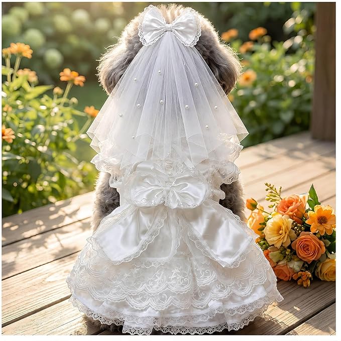 Dog Wedding Dress with Veil, Princess Lace Dog Dress with Bow, Fluffy Bridal Outfit for Small Dogs, Puppy Formal Dress for Wedding Birthday Photoshoot (XXL)