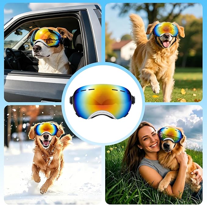 Dog Goggles for Medium to Large Breeds, Stylish Pet Sunglasses with Rainbow PC Lens, Soft TPU Frame & Adjustable Straps, Windproof Dustproof UV Protection Eyewear for Outdoor Riding Hiking (White)