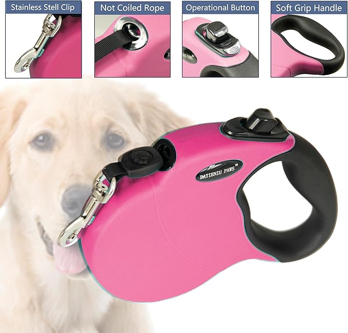 Medium 16 FT Retractable Dog Leash – Adjustable Hands-Free Leash for Dogs Up to 44lbs, Tangle-Free Nylon with Ergonomic Grip for Walking, Training & Outdoor Safety Pink M