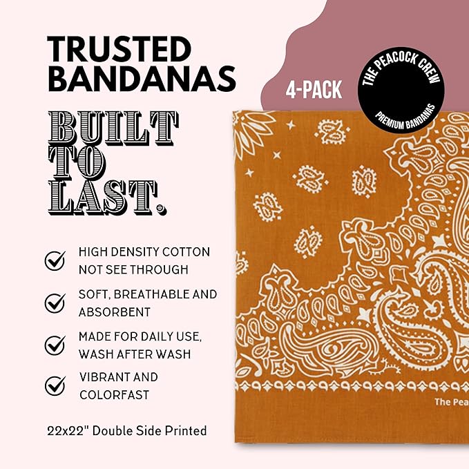 The Peacock Crew Premium Soft Cotton Bandanas Pack for Men and Women Paisley 22 x 22 inches