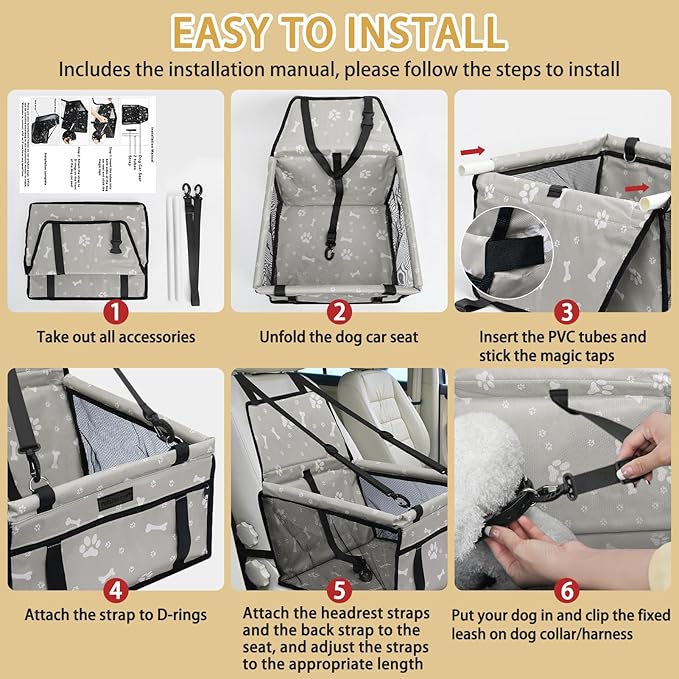 Dog Car Seat Foldable Dog Car Booster Seat Waterproof Breathable Oxford Travel Bag for Small to Medium Dogs, Puppies, and Pets-Pattern Grey+Mat