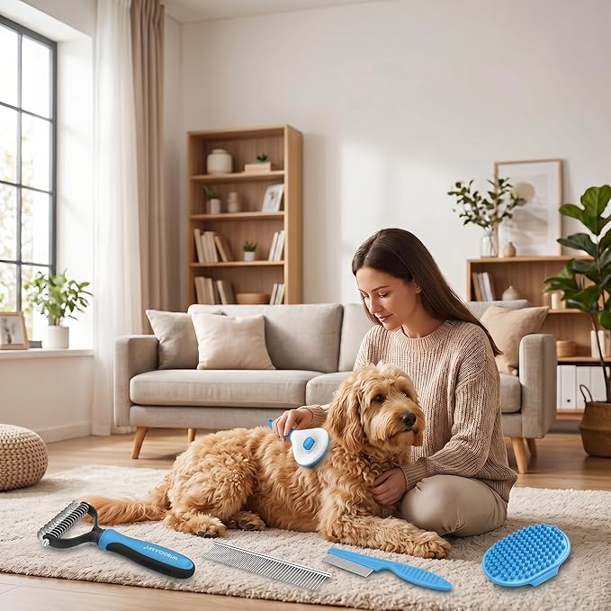 5-Piece Pet Grooming Kit for Dogs & Cats - Professional Deshedding, Detangling & Bathing Set for Long, Curly & Thick Coats - Blue