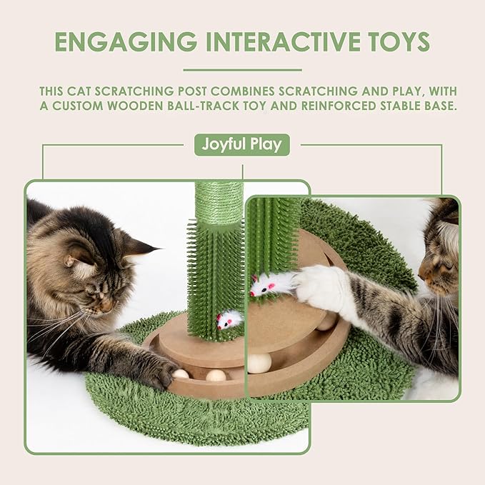 41.5" Cactus Cat Scratching Post, Heavy Duty Sisal Scratcher with Interactive Ball & Grooming Brush, Stable Anti-Tip Cat Tree for Indoor Cats & Large Cats