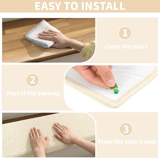 Brakki Bullnose Carpet Stair Treads, Stair Treads for Wooden Steps Indoor Runner and Pets, Non Slip Soft Edging Staircase Protectors, Washable, 29.5"x9.5"x1.5" 14pcs, Cream White