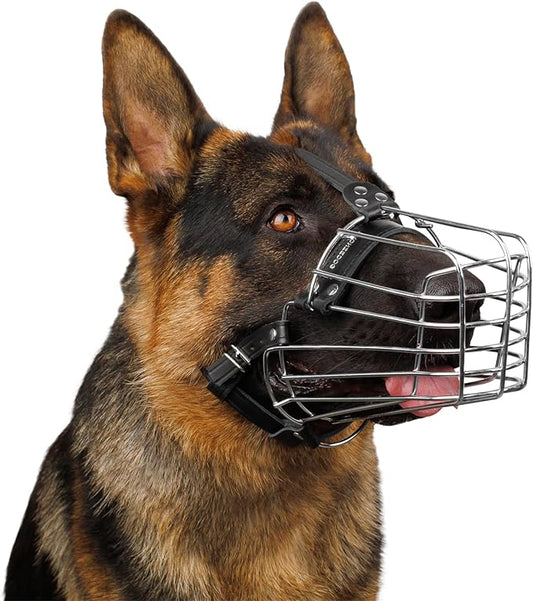 BronzeDog Dog Muzzle German Shepherd Wire Basket Metal Mask Leather Adjustable Medium Large Pets (XL)
