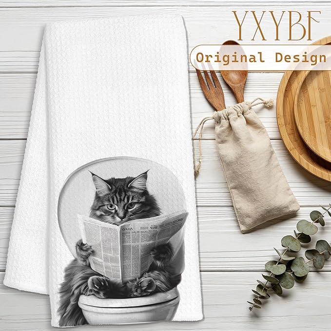 Funny Tabby Cat Hand Towels for Bathroom Washroom Decor 16x24 Inches, Cat Lover Gifts for Women Men, Black and White Newspaper Kitten Bathroom Towels Decorative
