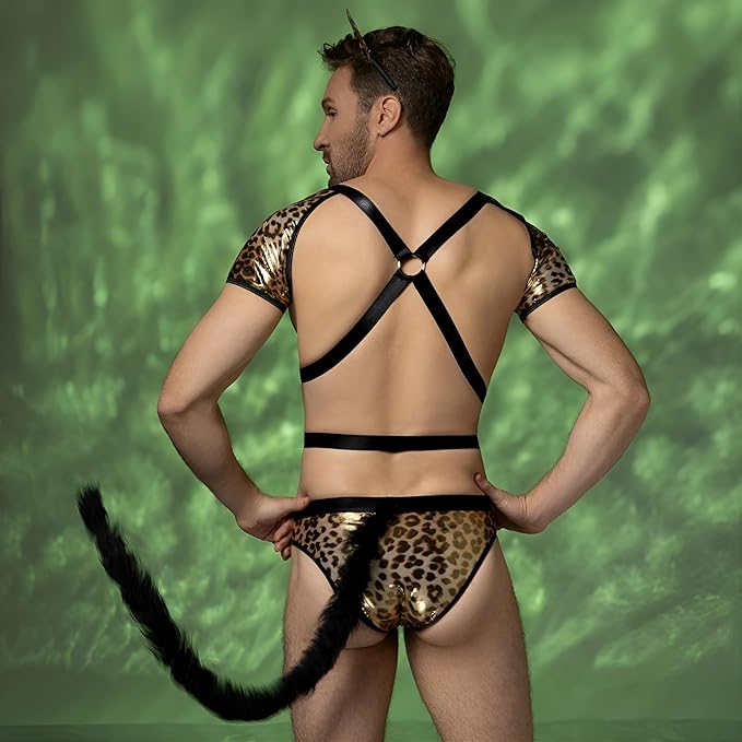 Men's Sexy Leopard Costume - 2-Piece Wild Cat Roleplay Lingerie Set, Studded Chest Harness Bodysuit with Long Tail & Ear Headband - Exotic Kitten Outfit for Bedtime, Clubwear & Pride