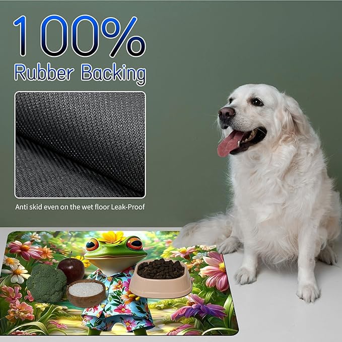 Dog Food Mat, 15.7" x 23.6" Absorbent Pet Feeding Mat for Food and Water, Waterproof Diatom Mud Pet Placemat with Non-Slip Rubber Backing, Cat Bowl Mat for Floors - Frog Flower Summer