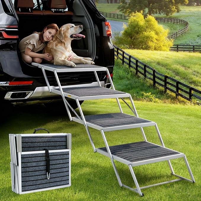 Dog Stairs for Large Dogs - 20" Extra Wide 4-Step Foldable Dog Ramp for Car/SUV/Truck & High Beds - Supports Large Dogs up to 200Lbs