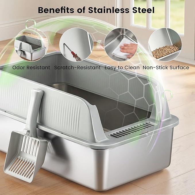 Stainless Steel Sifting Litter Box for Pine Pellets, Sifting Cat Litter Box with Sifter, High Side for Small Cats, Anti-Leakage, Odor Control, Includes Scooper, 22.4" x 14.6" x 11"
