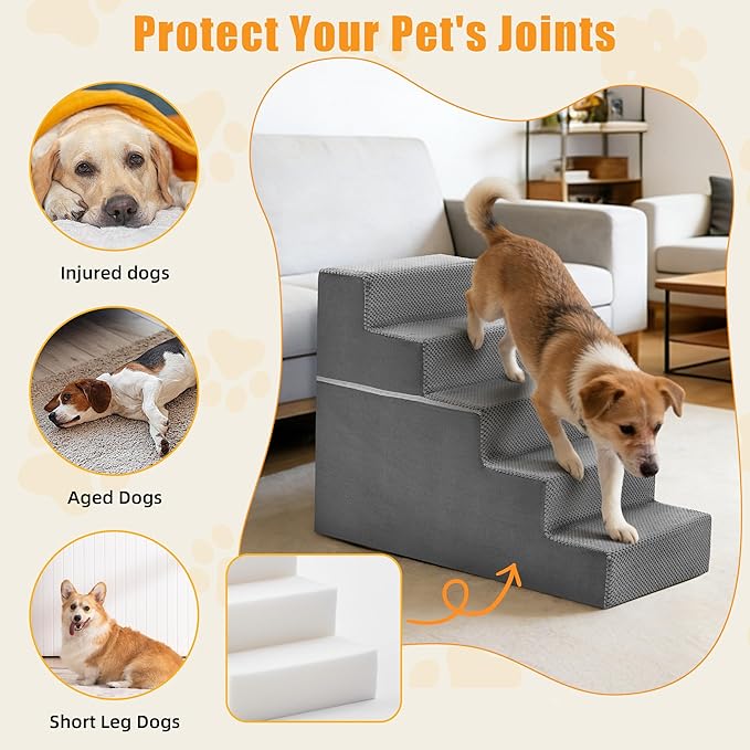 5-Step Dog Stairs for Large Dogs and Cats, 23in H Dog Steps for Couch, Sofa, Chair, Non-Slip Sturdy Pet Steps, Pet Ramp for High Bed Indoor, Grey