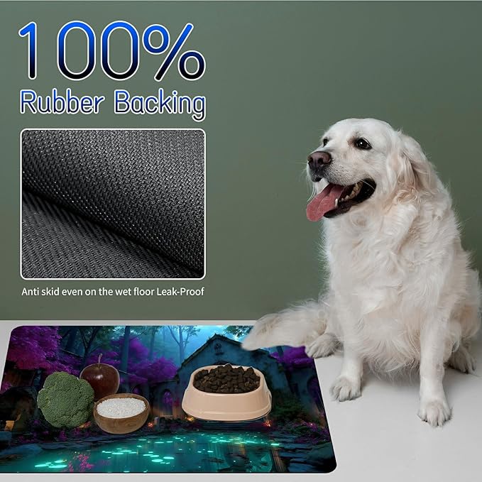 Dog Food Mat, 15.7" x 23.6" Absorbent Pet Feeding Mat for Food and Water, Waterproof Diatom Mud Pet Placemat with Non-Slip Rubber Backing, Cat Bowl Mat for Floors - Purple Tree Forest