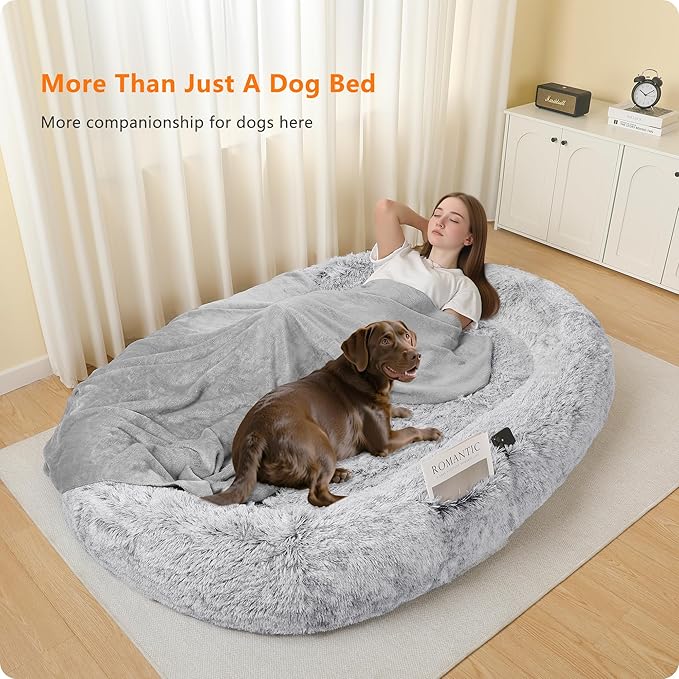 Human Dog Bed Fits Adult & Pets, Reversible Orthopedic Gel Memory Foam Cushion, Washable Long Plush, Plump Edge with Blanket, Storage Pocket, 71"x47.2"x9", Extra Large, Ombre Grey