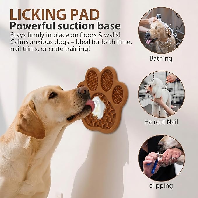 Lick Mat for Dogs and Cats, Slow Feeder Mats with Suction Cups - Bathing, Grooming and Training, Anxiety Relief Feeding Pad,Dishwasher-Safe (PBW03-Brown-paw)