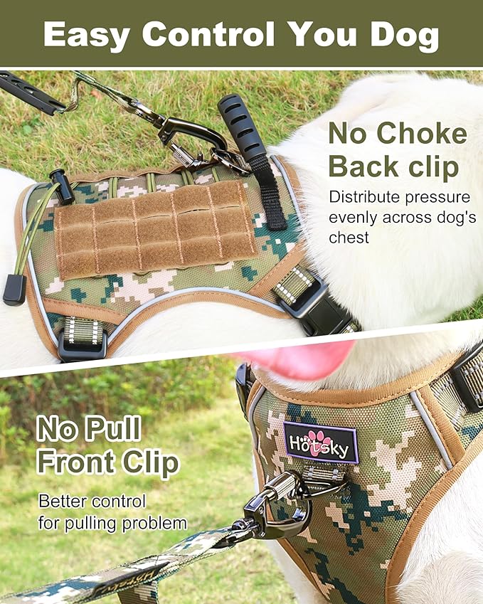 Hotsky Tactical Dog Harness No Pull，Adjustable Service Dog Vest Reflective Military Pet Harness with Control Handle Molle Loop Panels for Training Walking Running(Army Camo, XL)