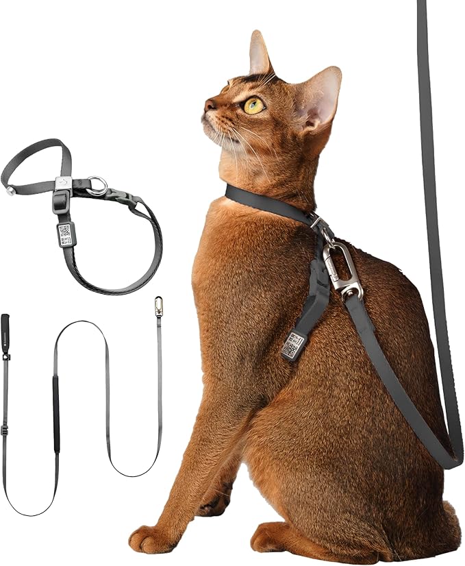 Cat Harness and Leash Set, Escape Proof Figure 8 Cat Harness Adjustable Anti-Choke Quick Release w/QR Tag, Soft Thin Crossbody/Waist Leash and Harness Set for Cats≤22lbs (Space Gray, S)