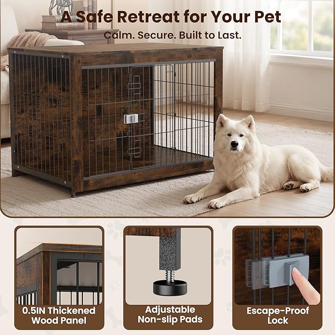 Wooden Dog Crate Furniture, 43in Dog Cage Furniture with Safety Latch, Indoor Decorative End Table for High Anxiety Dogs, Furniture Style Dog Crate for Large Dogs, Aged Black