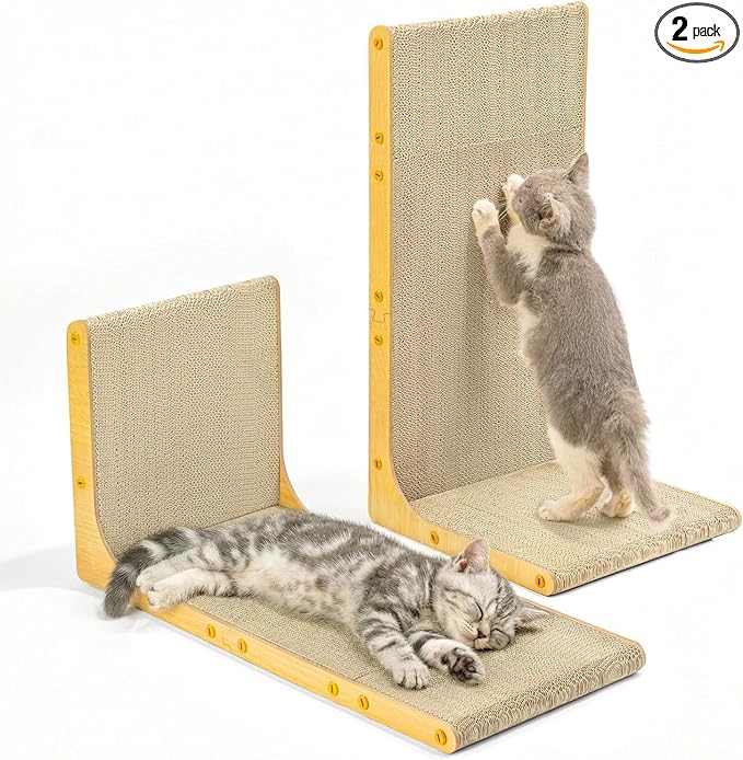 Conlun Cardboard Cat Scratcher, 23" L-Shaped Scratch Pad, Vertical Wall-Leaning Scratching Board to Protect Furniture for Indoor Cats,Wood Grain Large,2-Pack