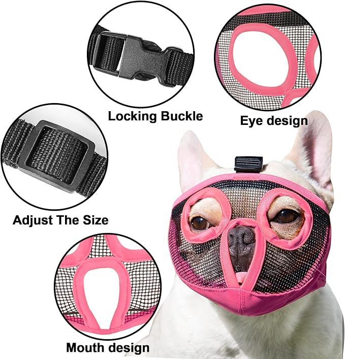 Short Snout Dog Muzzles- Adjustable Breathable Mesh Bulldog Muzzle for Biting Chewing Licking Training Grooming Dog Mask (Pink, Medium/11-17")