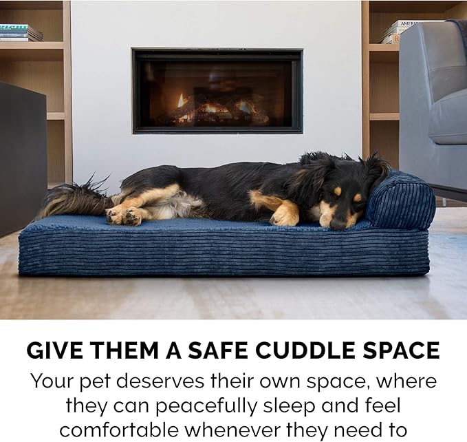 Furhaven Memory Foam Dog Bed for Large Dogs w/ Removable Bolster & Washable Cover, For Dogs UP to 125 lbs - Fleece & Corduroy Bolster Chaise - Navy, Jumbo Plus/XXL