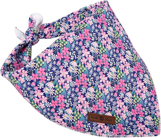 Lionet Paws Spring Summer Dog Bandana Washable Cotton Blue Handkerchief Scarf Triangle Floral Oxalis Bandana for Medium Large Dogs Girl Boy