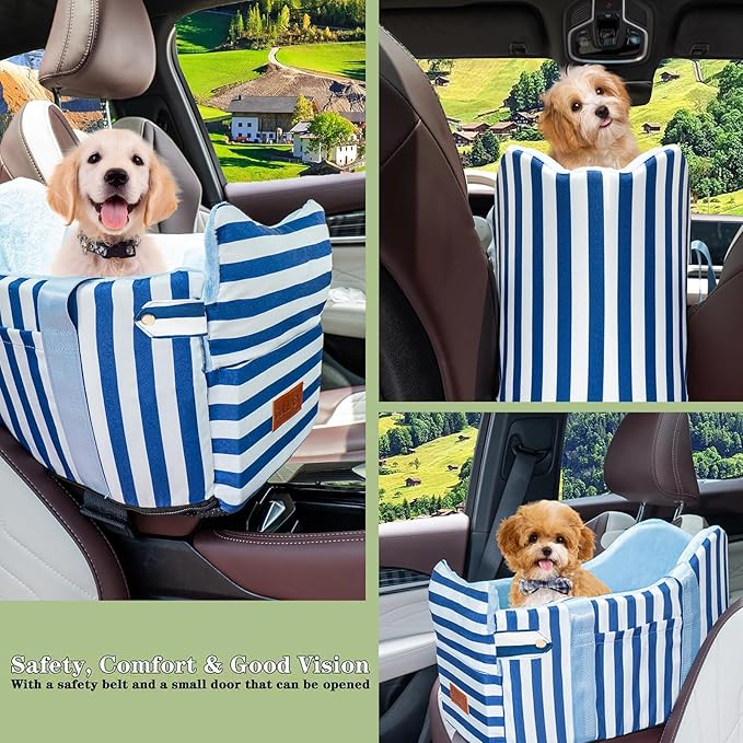 Console Dog Car Seat - Portable Dogs Armrest Booster Seat for Small Dog, Anti-Collapse Pet Car Seat with Soft Cushion Safety Belt, Support Pet Up to 15lbs (Blue& White Stripes)