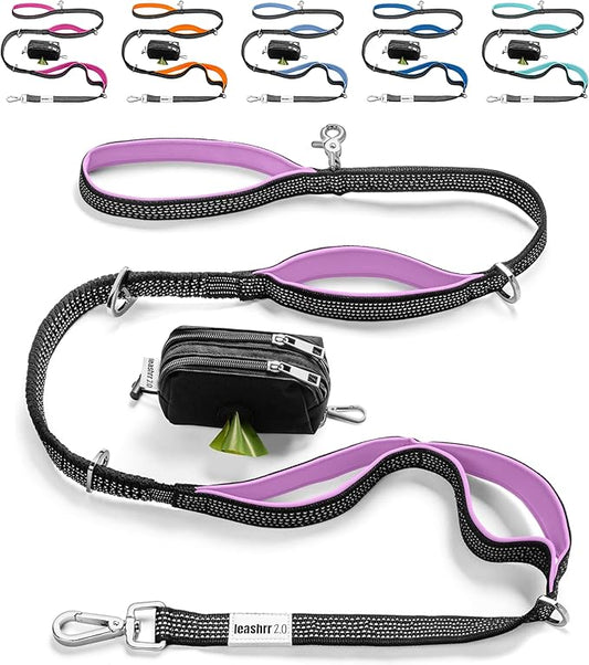 Heavy Duty Dog Leash for Large Dogs – 6FT Reflective Bungee with Padded Handles, Strong Carabiner Clip, No Pull Control for Medium & Large Breeds, Includes Poop Bag Holder & Treat Pouch (Purple)