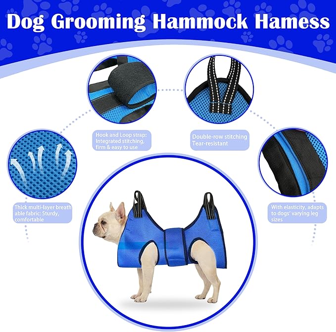 Dog Grooming Hammock Harness, with Elastic Leg Openings for a Flexible Fit, Dog Sling for Nail Trimming, Small Dogs Restraint Hanging Hanger Holder for Clipping Nails (Blue)