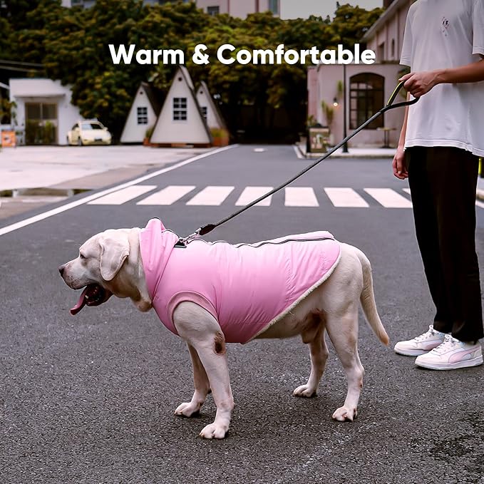 Vecomfy Fleece Lining Dog Hoodie with Harness Built in,Extra Warm Large Dog Jacket in Winter Doggie Coats with Hooded,Light Pink XXXL