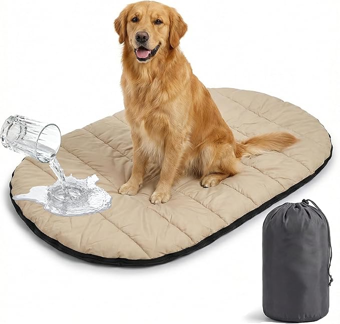 Portable Dog Travel Mat & Camping Pad, Foldable Dog Sleeping Mat with Carry Bag, Portable, Machine Washable Roll Up Pet Pad for All Breeds, Puppy, Outside, Car & Settle Mat, 33.46" x 27.26"