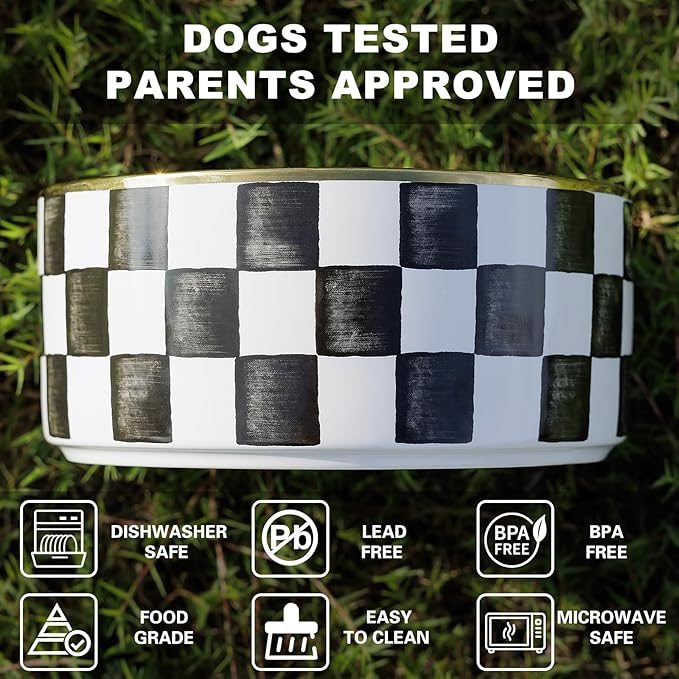 Ceramic Dog Bowls for Medium Dogs, 3.5 Cups Checkered Dog Food and Water Bowl with Acacia Wood Stand, Non-Slip Anti-Tip Elevated Feeding Station, Black and White