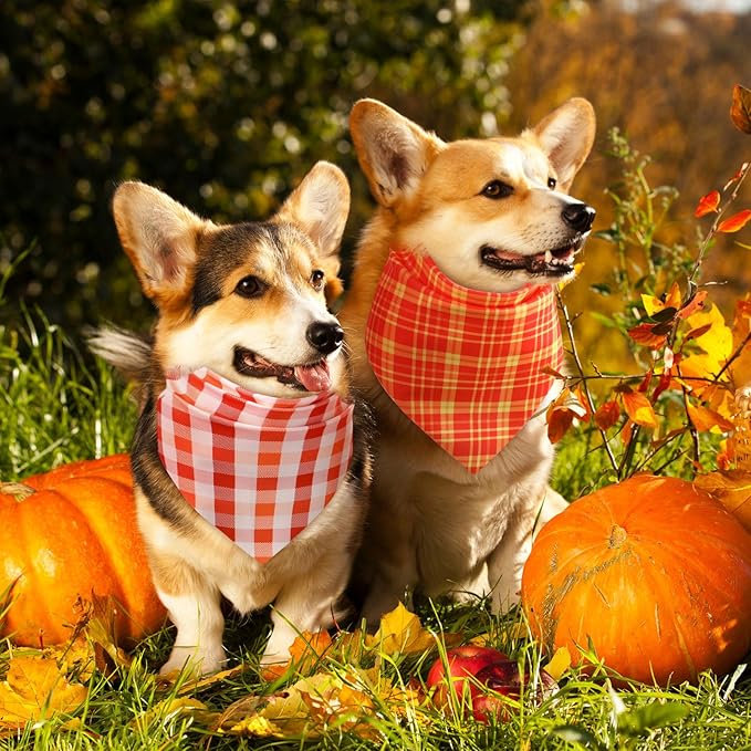 Abbylike 100 Pcs Orange Plaid Dog Bandanas Bulk Warm Color Palette Bandanas for Dogs Triangle Kerchief Bib Scarf for Pet Party Costume Photo Props Accessories Pet Shops Groomers Services, 25 Styles