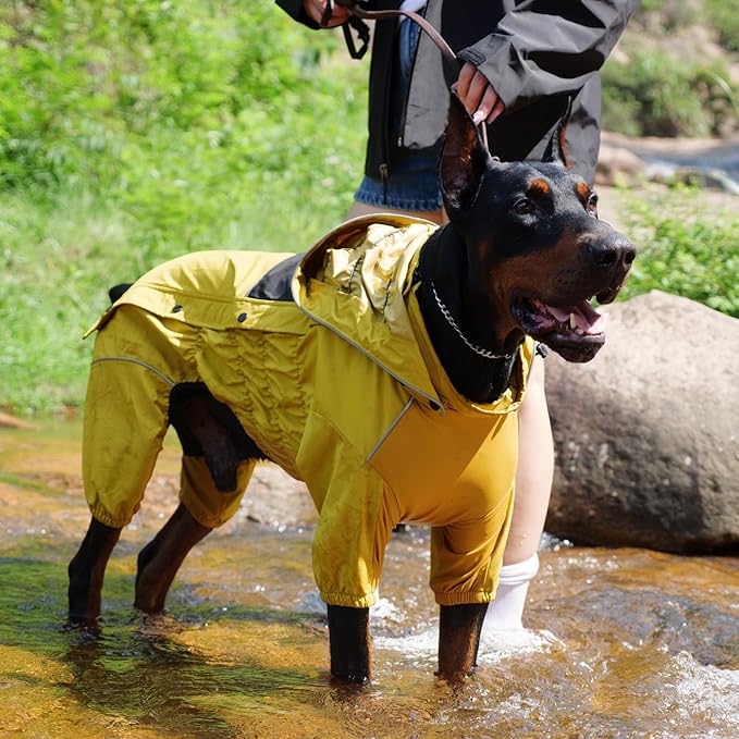 LOVELONGLONG Waterproof Dog Raincoat with Removable Hood – Outdoor Full Body Dog Jacket, Windproof Snowproof Shell Suit – All Season Pet Rain Gear Mustard Yellow S+