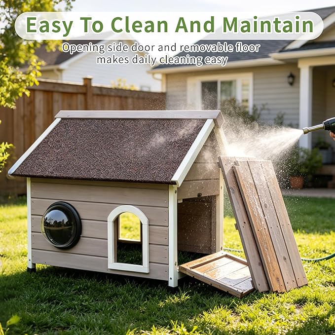 Rockever Outdoor Cat House, Waterproof Feral Cat House for Outdoor Cats with Escape Door and Clear Windows for 2 Cats (Grey)