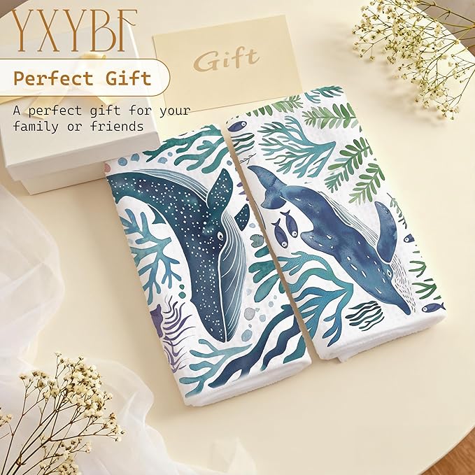Blue Whale Nautical Coastal Hand Dish Tea Towels for Kitchen Bathroom Decor 16x24 Inches, Coastal Bathroom Decor, Ocean Marine Life Beach Kitchen Towels Decorative Set of 2