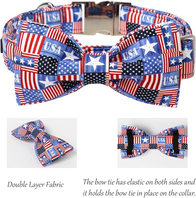 Lionet Paws 4th of July Dog Collar with Bowtie, Cute Summer Dog Collar for Girl for Medium Dogs, Adjustable Cotton USA Flag Pet Collars for Small Medium Dogs