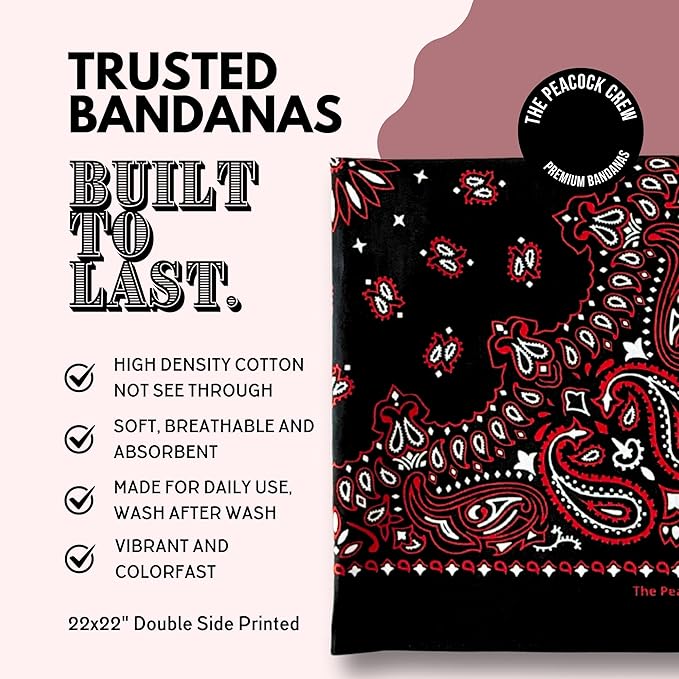 The Peacock Crew Premium Soft Cotton Bandanas Pack for Men and Women Paisley 22 x 22 inches