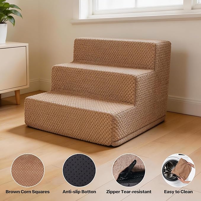 3 Step Dog Stairs for Small Dogs Cats, Brown Mesh Pet Steps, Non-Slip Pet Stairs for Couch Sofa Bed, Indoor Portable Dog Ramp with Zipper Bottom for Medium Large Dogs and Puppy