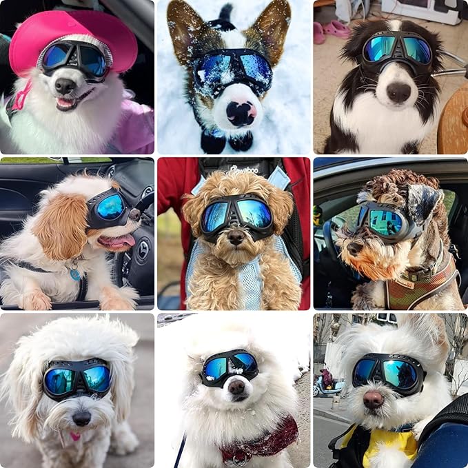 Dog Goggles for Small to Medium Breeds, Small Dog Sunglasses UV Protection Windproof Snowproof, Outdoor Driving/Riding/Hiking Pet Eyes Protection, Soft Frame Adjustable Straps, Blue Lens