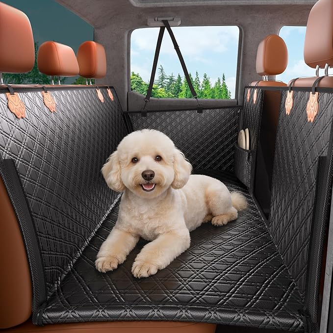 JOYTUTUS Back Seat Extender for Dogs, PU Leather Dog Car Seat Cover with Hard Bottom, Dog Hammock with Mesh Window, Dog Car Seat Cover for Full Size Truck&SUV, Holds 440 lbs