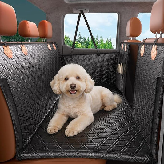 JOYTUTUS Back Seat Extender for Dogs, PU Leather Dog Car Seat Cover with Hard Bottom, Dog Hammock with Mesh Window, Dog Car Seat Cover for Full Size Truck&SUV, Holds 440 lbs