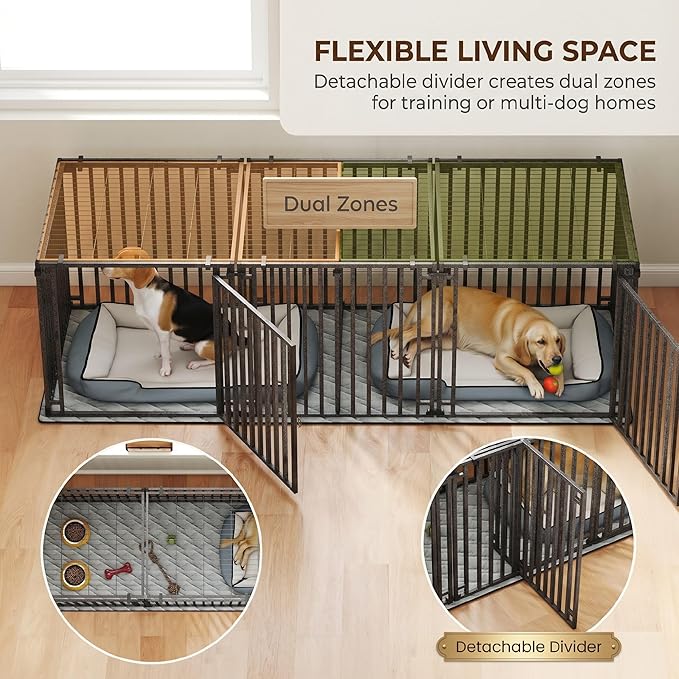 PawHut 83" L Heavy Duty Dog Crate, Extra Large Metal Cage Kennel with Divider and Mat, Modular Pet Playpen for Small Medium Large Breeds, Double Doors, Indoor Outdoor Use, Black