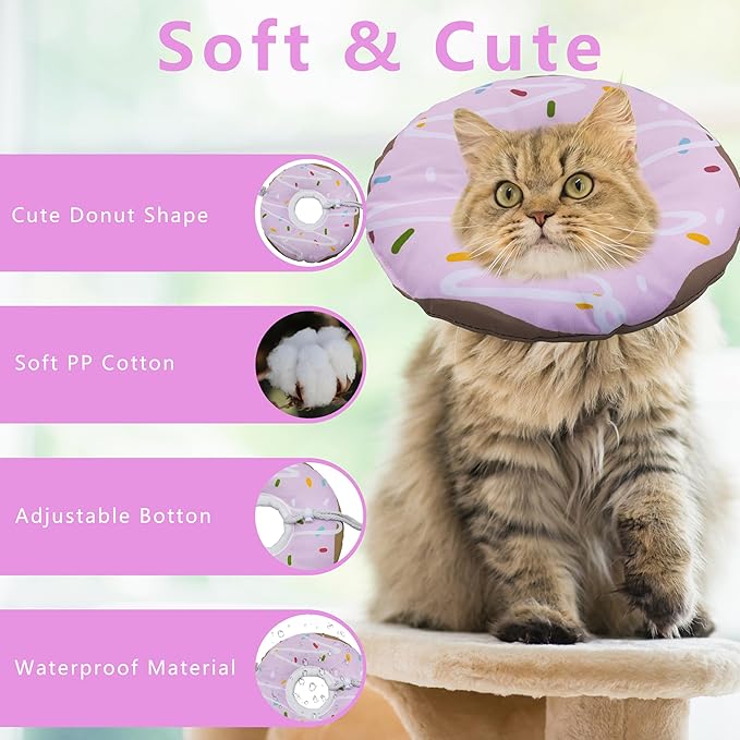Seyezo Cat Cone Collar Soft, Adjustable Cat Recovery Collar Kitten Cones to Stop Licking, Cute Donut Collar After Surgery, Cats Neck Pillow Cone Elizabethan Cones of Shame (Waterproof Purple, Medium)