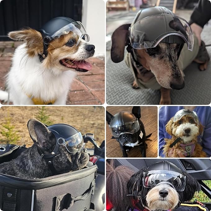 Small Dog Helmet, Pet Motorcycle Helmet with Ear Holes, Adjustable Pet Safety Hat with Flip-Up Clear Visor, Small-Medium Puppy Heads Protection, Non-Spiked