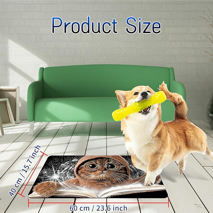Dog Food Mat, 15.7" x 23.6" Absorbent Pet Feeding Mat for Food and Water, Waterproof Diatom Mud Pet Placemat with Non-Slip Rubber Backing, Easy Clean Cat Bowl Mat for Floors - Cute Cat Books