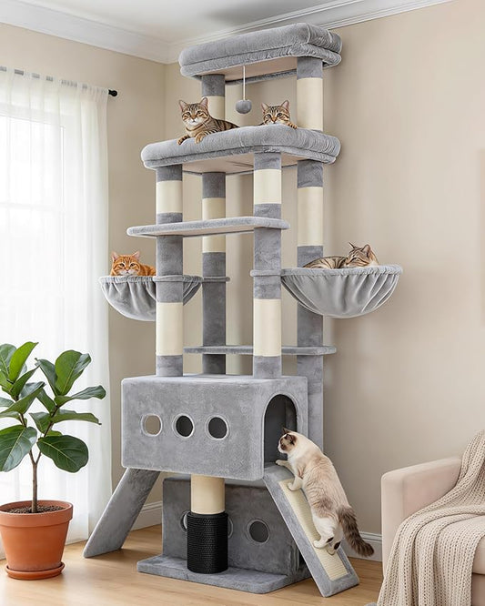 Hey-brother Cat Tree Tower, 71.5 Inches Scratching Posts with Extra Large Platform, 2 Cozy Condos, 2 Hammocks and Scratch Boards, Multi-Level House for Multiple Indoor Cats, Smoky Gray MPJ085W