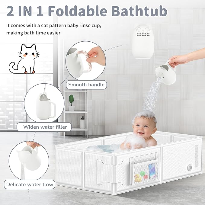 YomauiYee Baby Bathtub, Converts Shower to Tub, Foldable Toddler Tub with Rinse Cup, No Assembly Easy to Clean, Portable Collapsible Bath Tub for 6M-5Y, Travel Camping Hotel