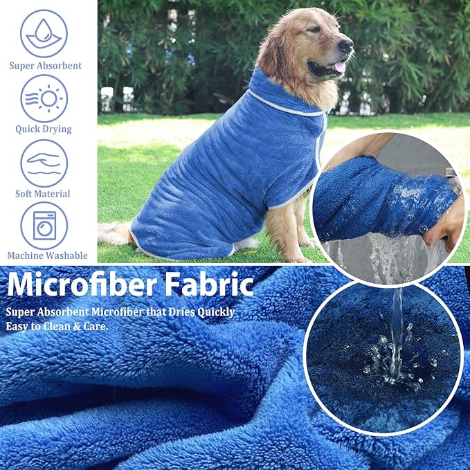 Dog Bathrobe Towel Dog Drying Coat - Super Absorbent Towels Bath Robe for Dogs Large, Soft Adjustable Collar & Belly Strap Fast Drying Coat Pet Cat Bath Robe (Medium Blue‌, X-Large)