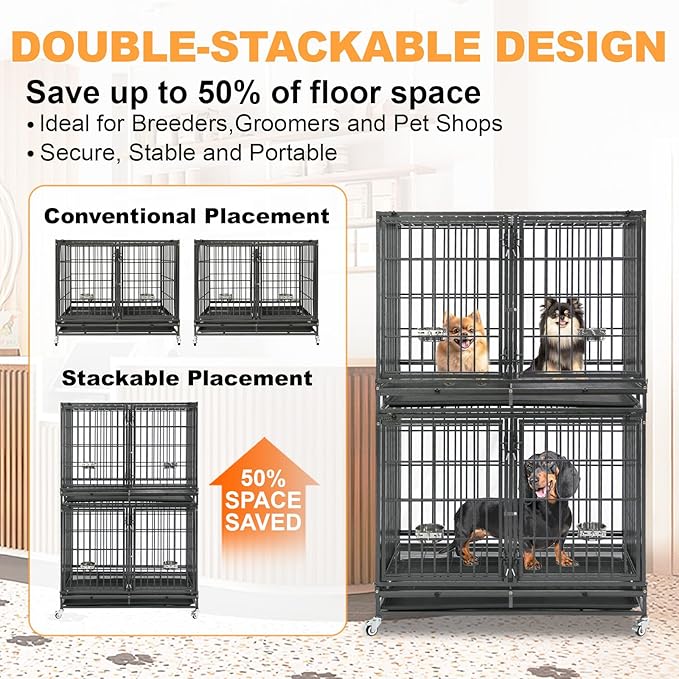 Homey Pet 43 Inch 2 Tiers Dog Crate Cage Kennel with Divider, Stackable Heavy Duty Dog Crate for Large Dogs, Escape Proof Indestructible Dog Kennel Indoor with Removable Tray, Lockable Wheels(3 Packs)